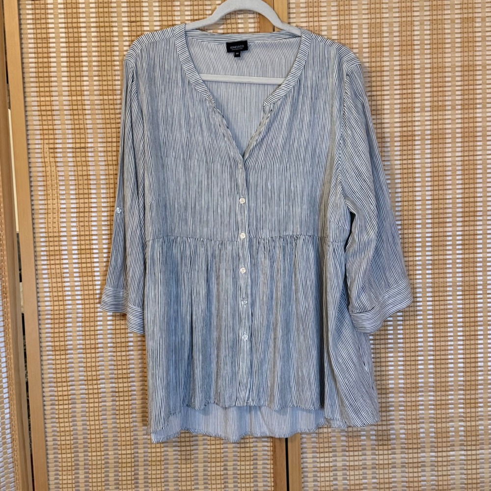 Jones & Co Jones New York 2X Striped Tunic Top Blue White Rayon Roll Tab Blouse